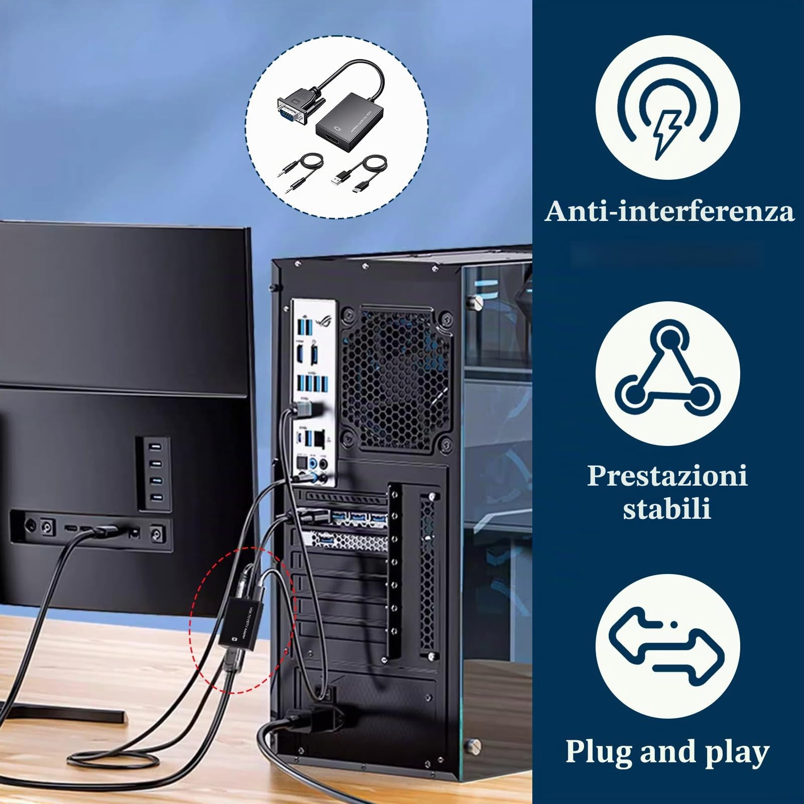 Adattatore da VGA a HDMI, 1080P Convertitore VGA Maschio a HDMI Femmina con Cavo Audio da 3,5 mm e Cavo USB, Compatibile con PC Desktop Laptop Monitor Proiettore HDTV, per Trasmissione Video e Audio