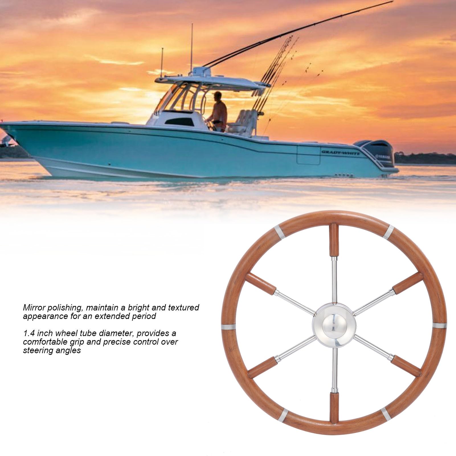 Teak Holzgriff Boot Lenkrad 6 Speiche 304 Edelstahl Mittel Rahmen Ersatz Yachten Lenkrad für 5/8 Zoll Sich Verjüngende Welle Helme