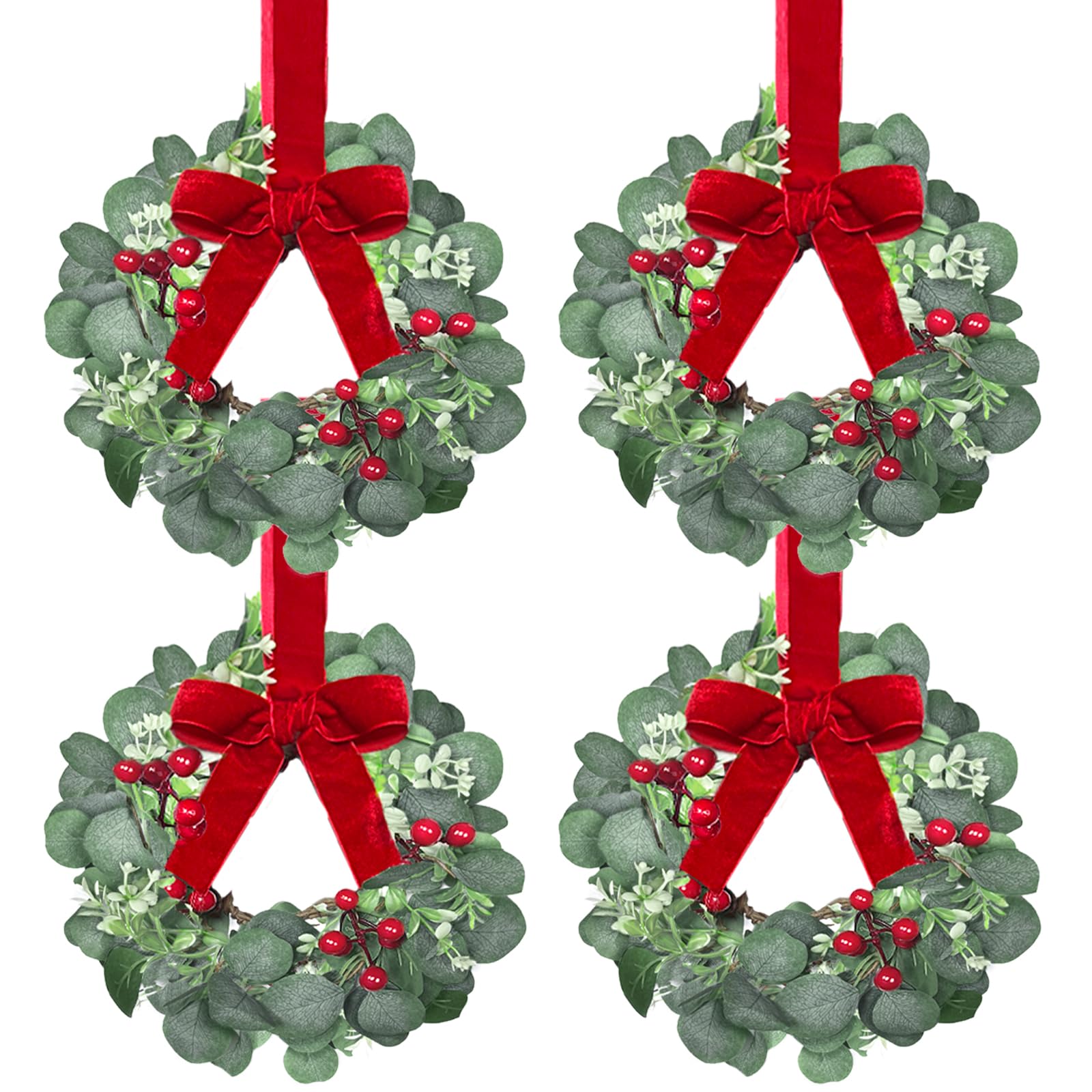 4 Pack 12 Inch Christmas Kitchen Decor Mini Christmas Wreath Small Cabinet Wreaths with Red Bow Eucalyptus Leaves Flowering Boxwood Branches Red Berry Xmas Wreaths for Windows Door Wall Stairs Home