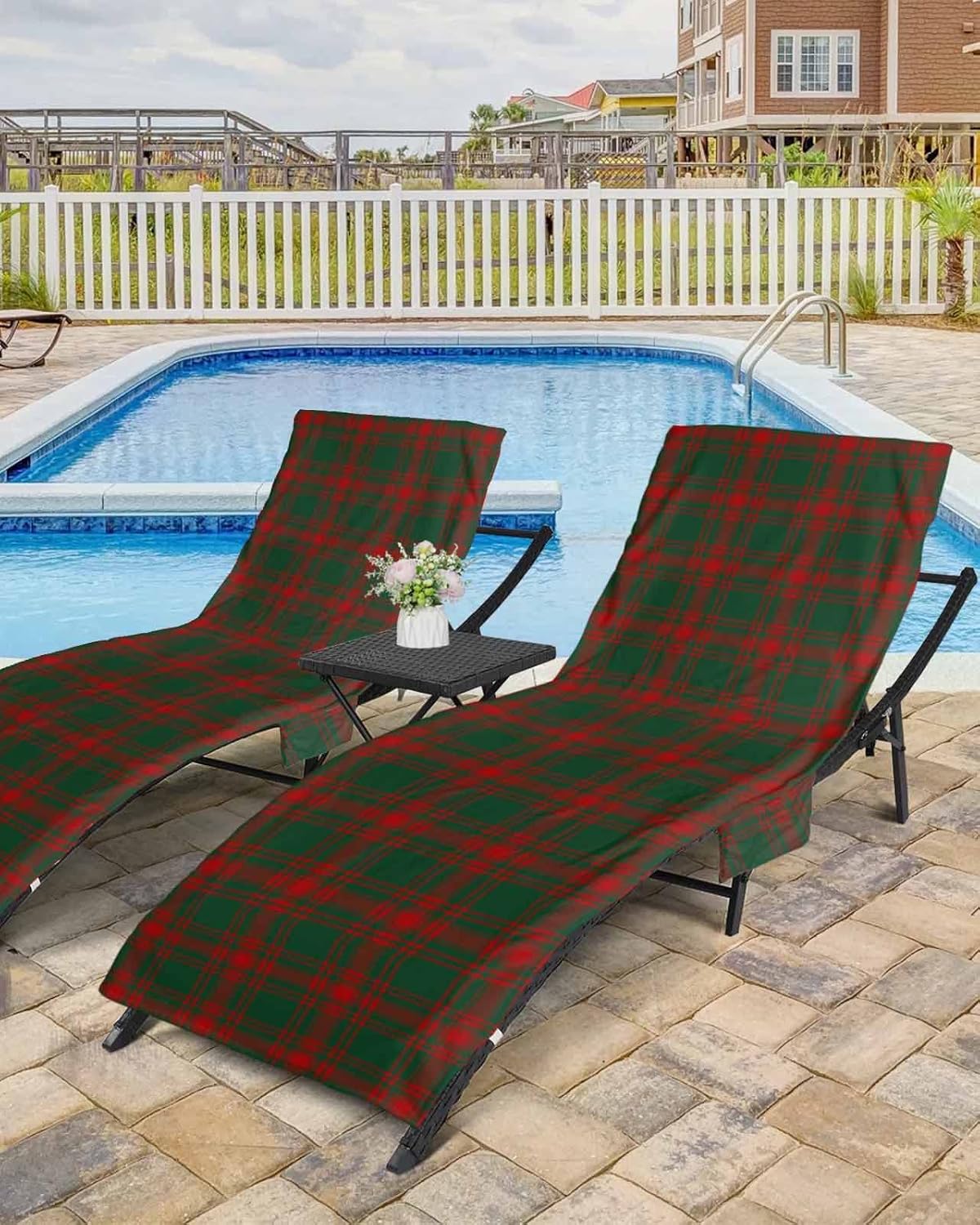 Red Green Plaid Beach Pool Patio Lounge Chaise Chair Cover Towel With Pockets,Absorbent & Quick Dry Microfiber Towel Cover Bag Summer Travel Accessories for Sunbathing Xmas Country Retro Buffalo Plaid