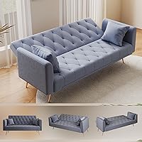 Vista 4 de Sofá cama moderno de terciopelo de 72 pulgadas, sofá cama plegable convertible con 3 respaldos ajustables, sofá biplaza reclinable copetudo