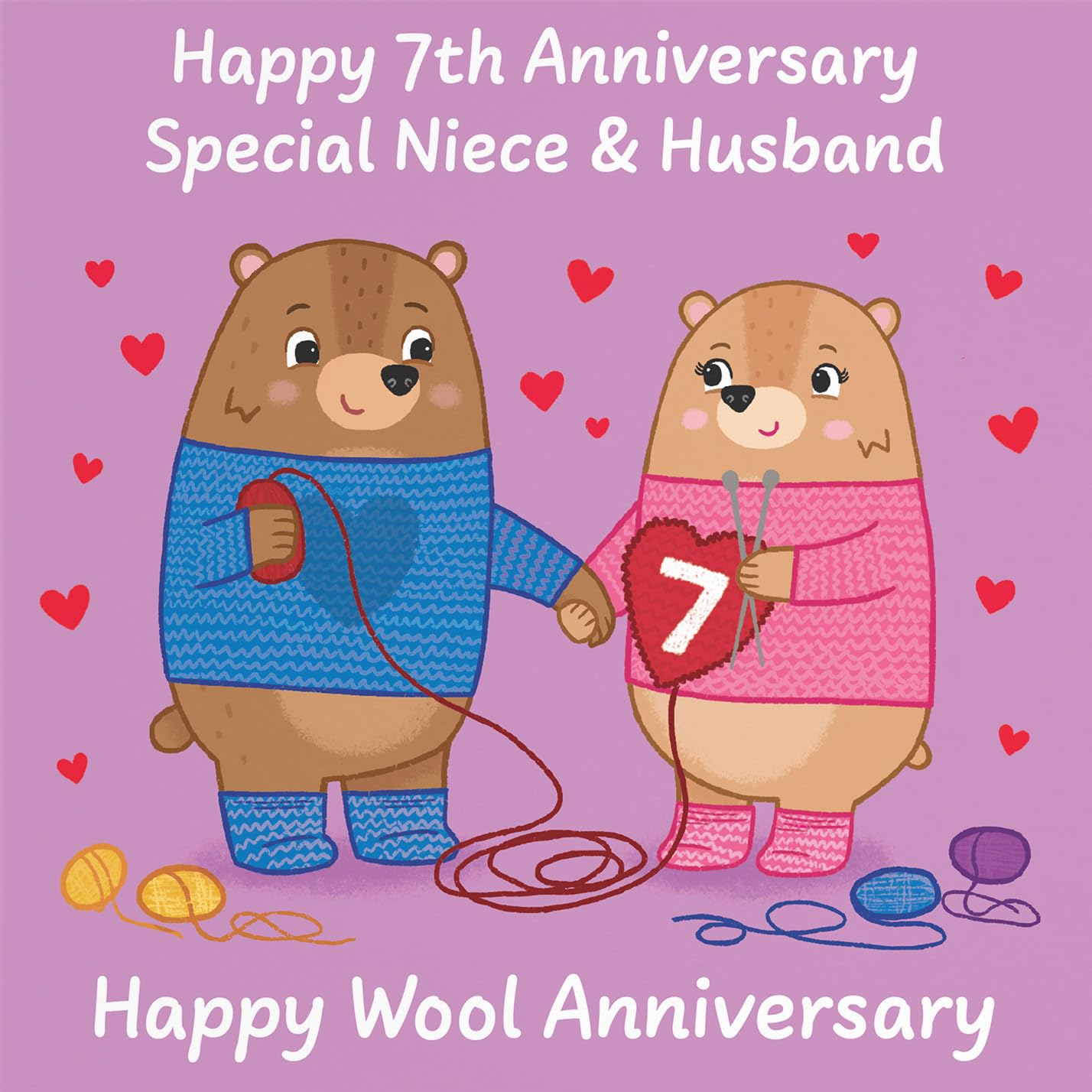 Hunts England, Niece And Husband 7th Anniversary Card, Wool Anniversary, Seventh Anniversary, 7 Years, Cute Fun Bears Card - Image 2