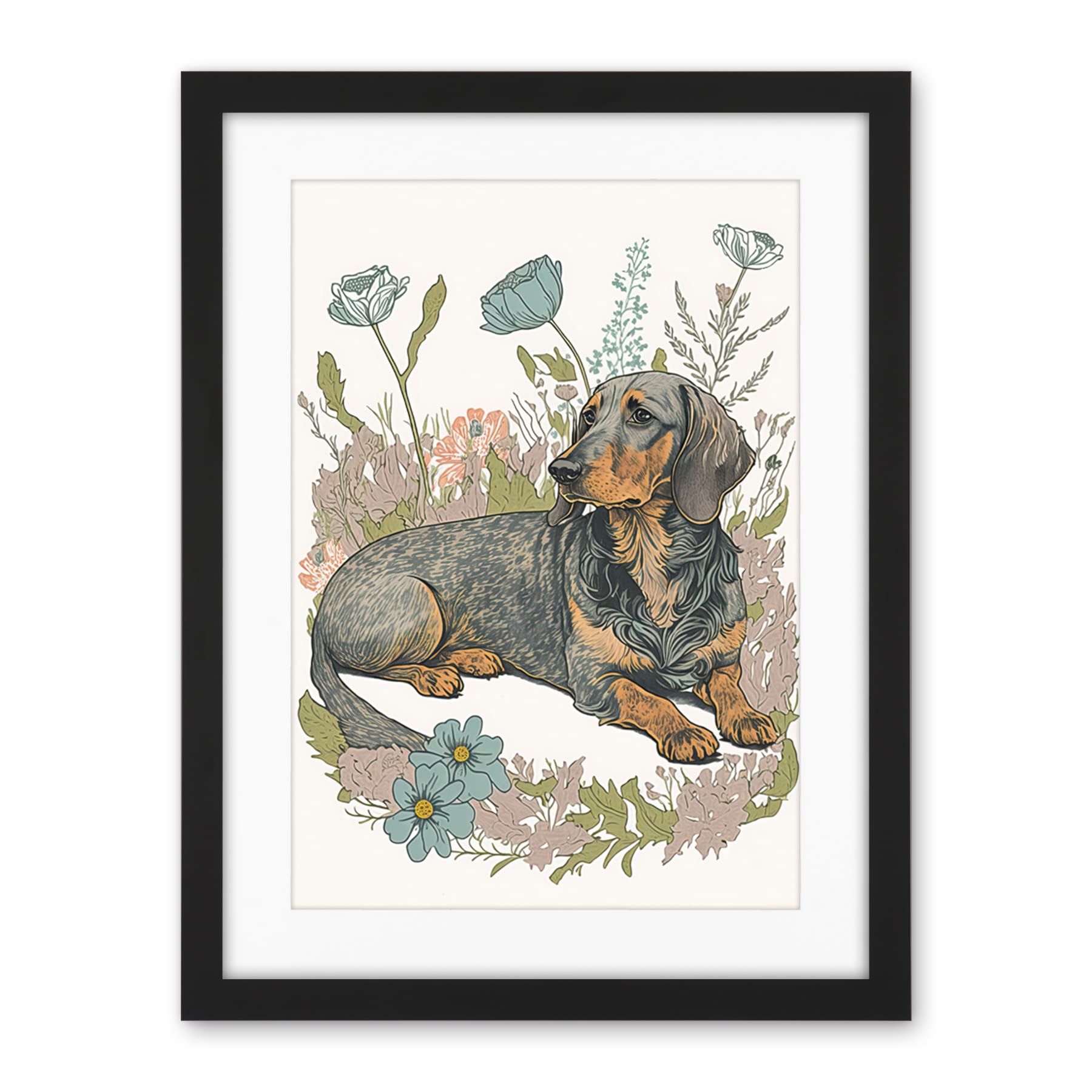 Artery8 Dachshund Dog Lying in Flower Field Pastel Watercolour Illustration Artwork Framed Wall Art Print 18X24 Inch