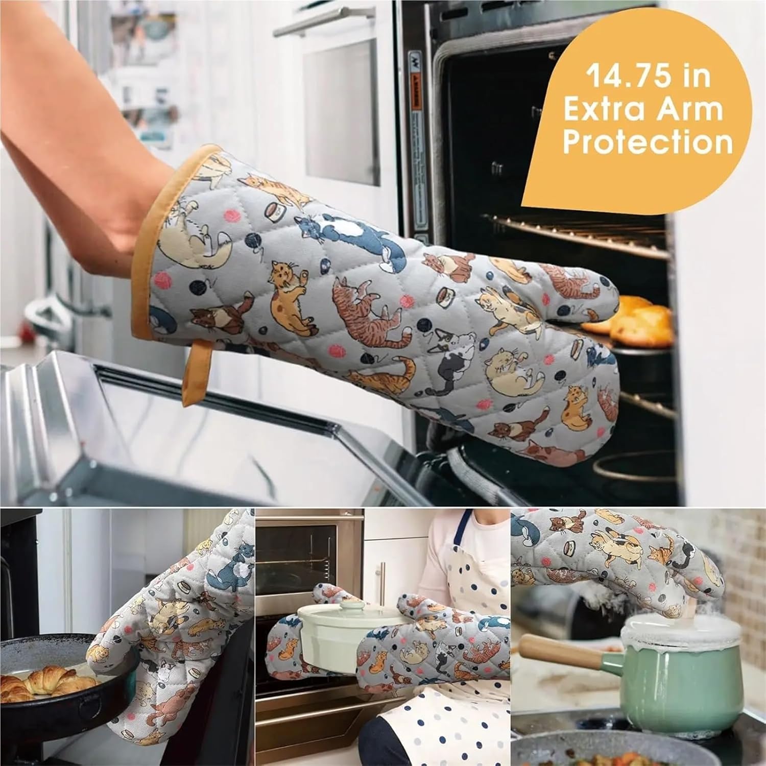 Cute Cat Design Oven Mitts, Heat & Machine Washable for Safe Cooking Baking Grilling