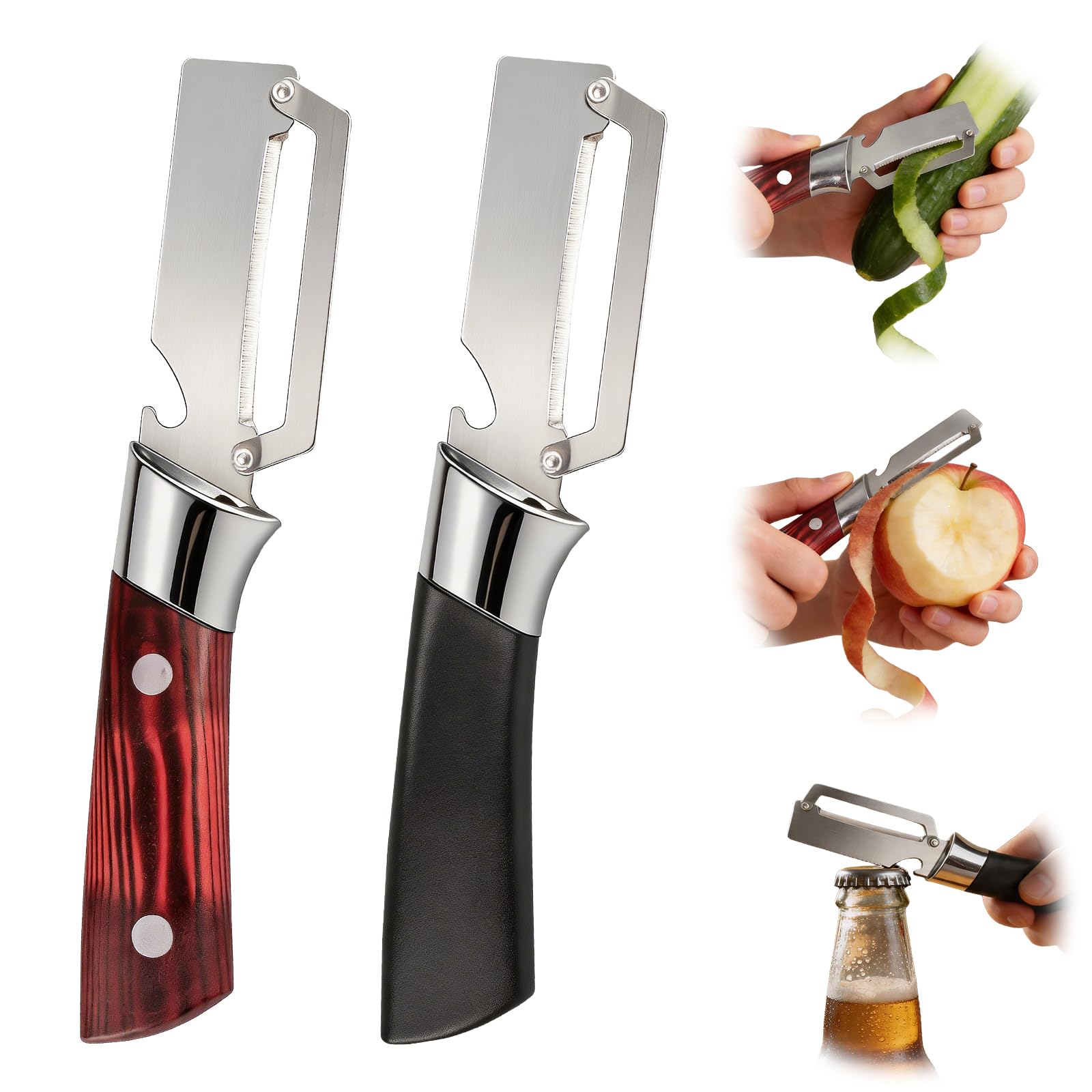 Multifunctional Vegetable Peeler, 2 in 1 Stainless Steel Fruit Veggie Peeler, Handheld Potato Peeler Knife with Bottle Opener Kitchen Tool for Peeling Carrrot Pineapple Pumpkin Papaya(2 Pack)