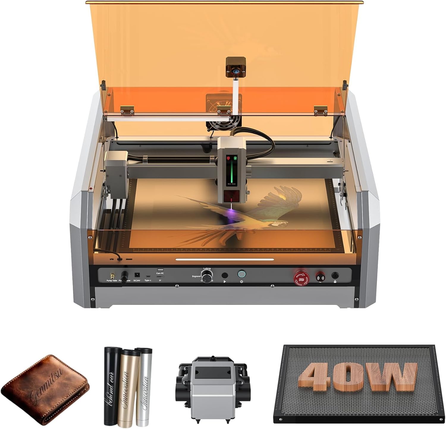 Genmitsu L8 Laser Engraver, 40W Power Output Laser Cutter Built-in Acrylic Enclosure with Vent, 40,000mm/min All-in-one Laser Engraving Machine Air Assist Pump, Honeycomb, Camera, Laser Safety Class 1