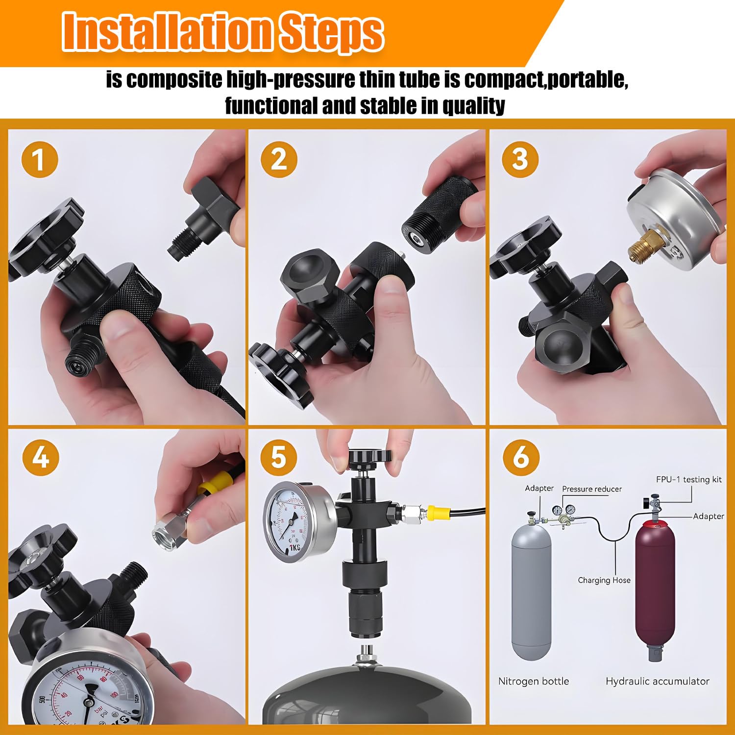 Kit de carga de acumulador de nitrógeno hidráulico, kit de llenado de nitrógeno, herramientas de carga de gas con 3 manómetros, 7 acoplamientos, 1 manguera de gas para sistema de prueba de presión d