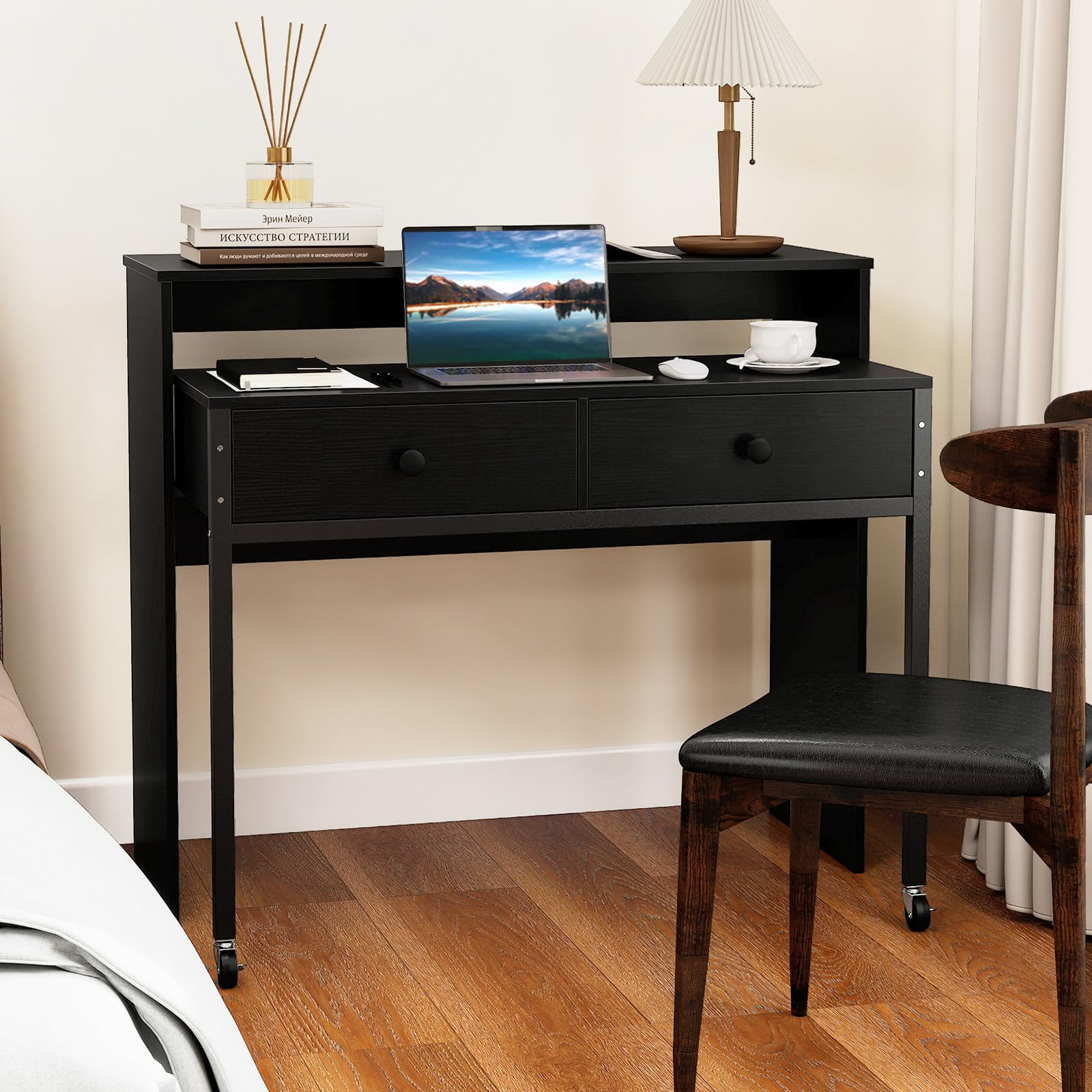 GIANTEX Escritorio de Ordenador con Tablero Extensible, 100 x 63 x 88 cm, 2 Cajones de Almacenamiento y Estante Abierto, Diseño Compacto con Ruedas, Mesa de Trabajo para Dormitorio, Oficina (Negro)