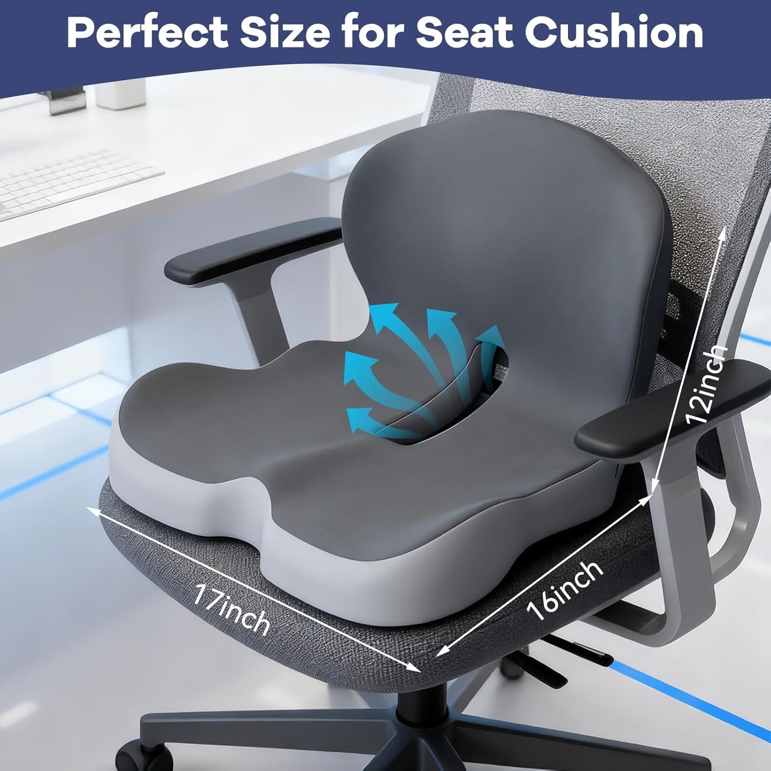 Ergonomic Seat Cushion for Office Chair & Car - Memory Foam Car Cushions for Driving with L-Shaped Design, Adjustable Strap, Non-Slip Bottom - Orthopedic Pad for Truck Driver (Grey)