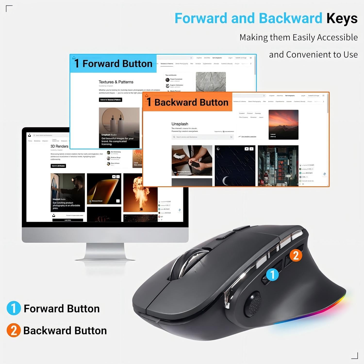 Ratón ergonómico, mouse inalámbrico vertical Bluetooth, ratones ópticos recargables LED, portátil (BT5.2 o USB 2.4GHz), modo dual, 1000/1600/2400 DPI, 8 botones para laptop, escritorio, PC, MacBook