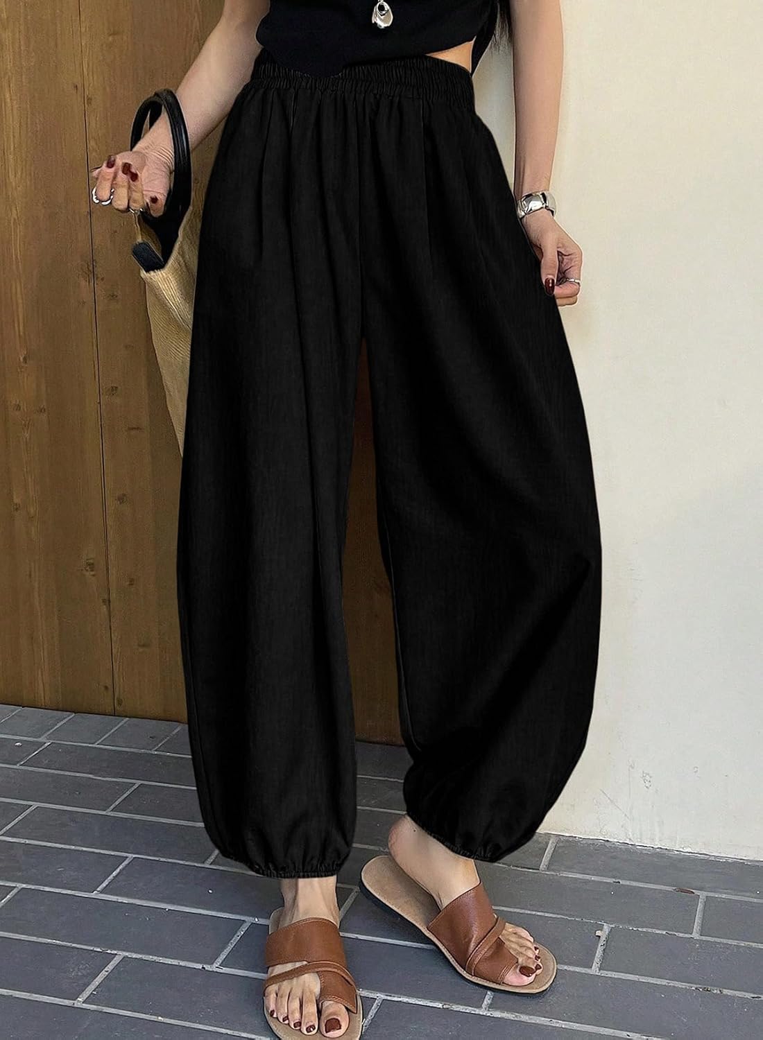 Astylish Womens Elastic High Waisted Baggy Barrel Pants 2026 Casual Lounge Boho Harem Yoga Trousers Pants - Image 3