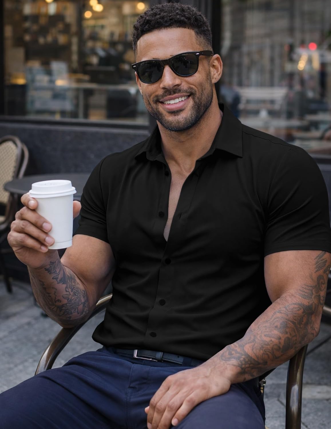 Mens Muscle Fit Casual Dress Shirts Short Sleeve Wrinkle-Free Button Down Shirt - Image 4