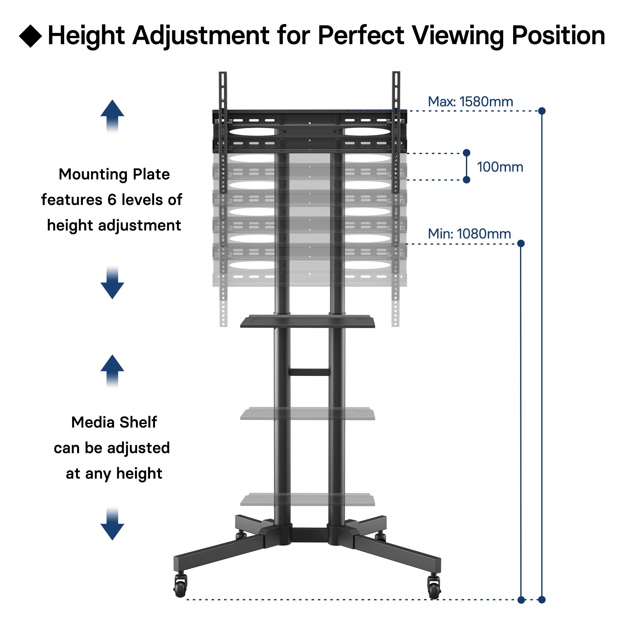BONTEC Mobile TV Stand on Wheels for 3270 inch LCD LED OLED Flat Curved TVs, Height adjustable