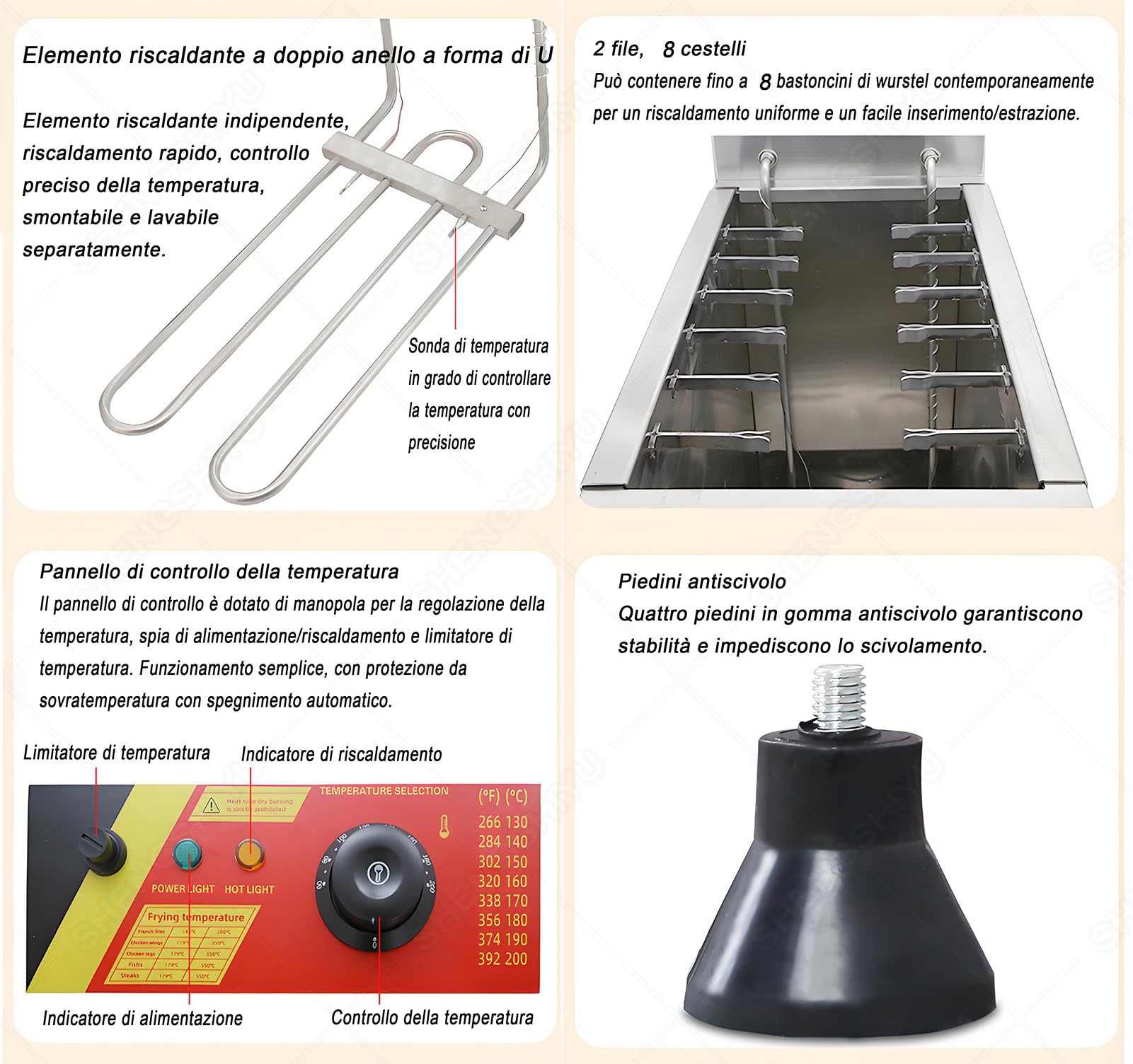Macchina friggitrice per hot dog formaggio, capacità 12 l, 2,5 kW, regolabile, in acciaio inox, con 8 ganci per uso commerciale