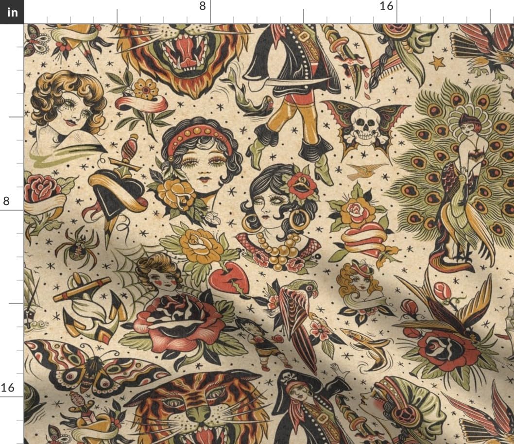 Spoonflower Fabric - Retro Tattoos Vintage Style Art Traditional Neutral Nautical Exotic Printed on Petal Cotton Fabric by The Yard - Sewing Quilting Apparel Crafts Decor