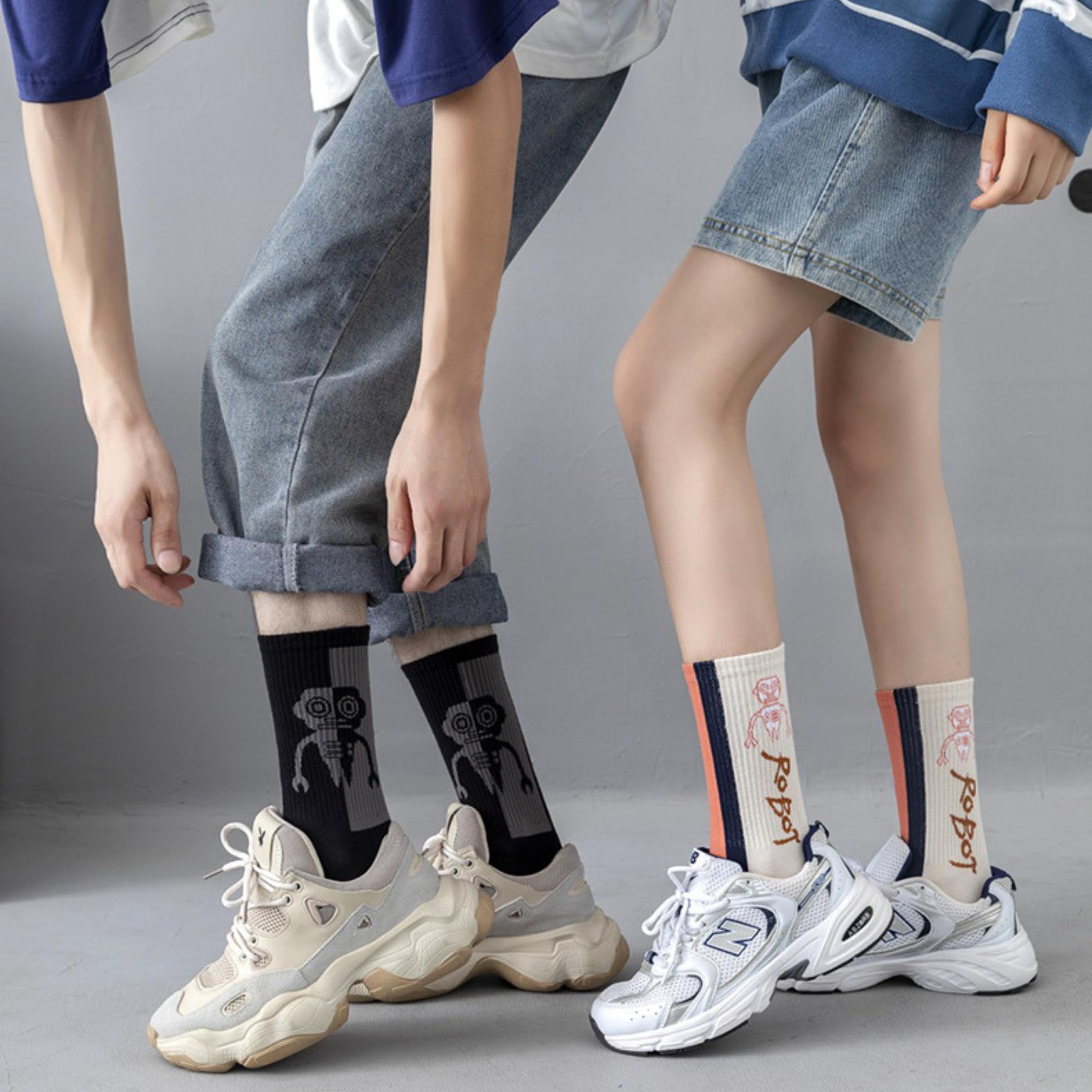 Jumplings Korean or Japanese college-style crew socks, playful robot and cartoon-themed sports and casual fashion socks. Pack of 5 4