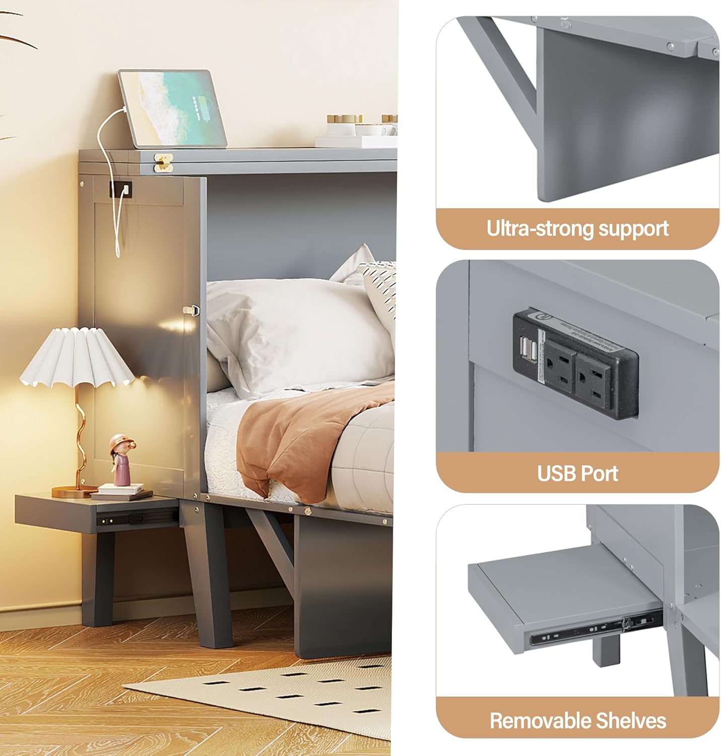 Merax Queen Size Murphy Bed with USB Port and Removable Shelves on Each Side,Solid Wood, Grey