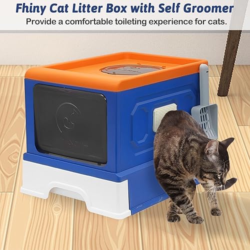 Miniatura 3 de Fhiny Caja de arena plegable para gatos con tapa, inodoro cerrado para gatos de interior, bandeja de arena antisalpicaduras para gatos con auto aseo