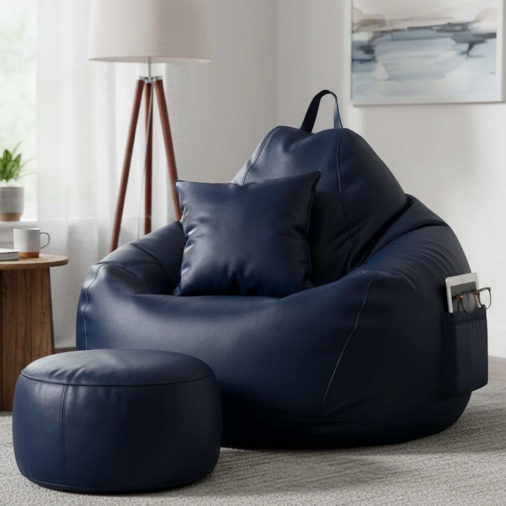 KAM'S LIEU 6XL Luxury Faux Leather Bean Bag with Footrest & Cushion | Pre-Filled High-Density Polystyrene Beans | Premium Leatherette |Teardrop Handle Design | 6 Months Warranty Color- Navy Blue discount deal