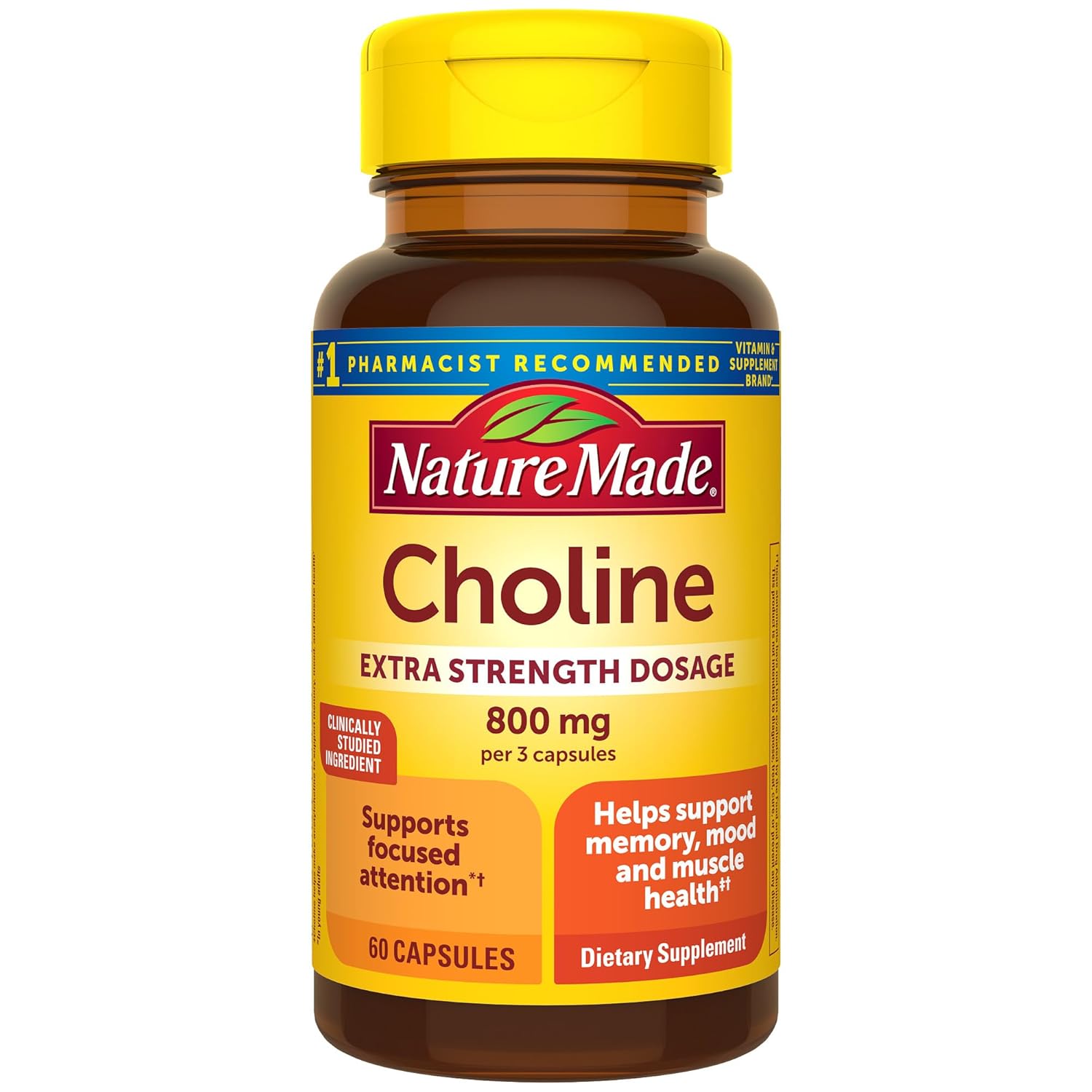 Nature Made Extra Strength Dosage Choline Supplements 800 Mg Per 3 Capsules Brain Health Mood Muscle Liver Support