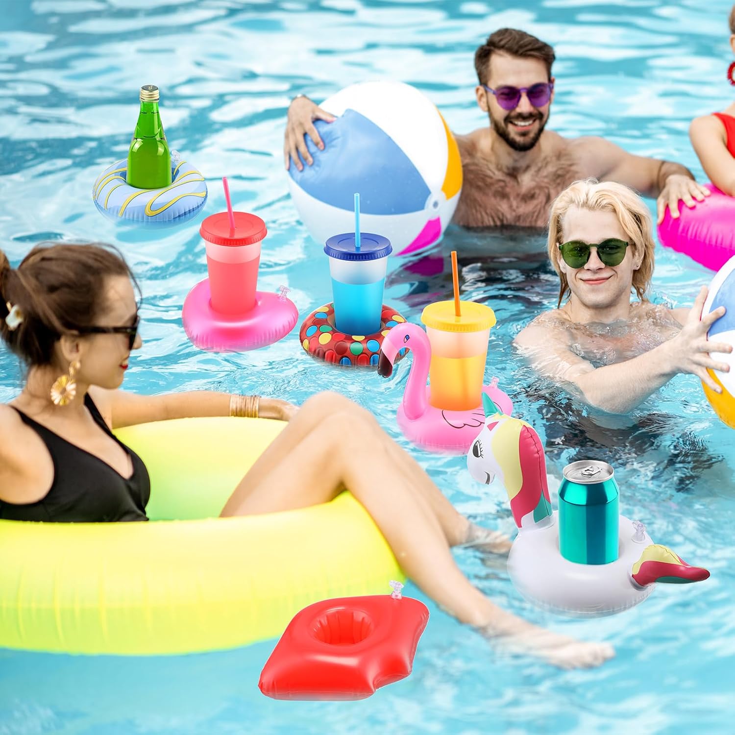 Sawysine 42 Pack Inflatable Drink Holders for Pool Swimming Pool Drink Floats Floating Cup Holder for Pool Inflatable Cup Coasters with Plastic Air Hand Pump for Party Adults