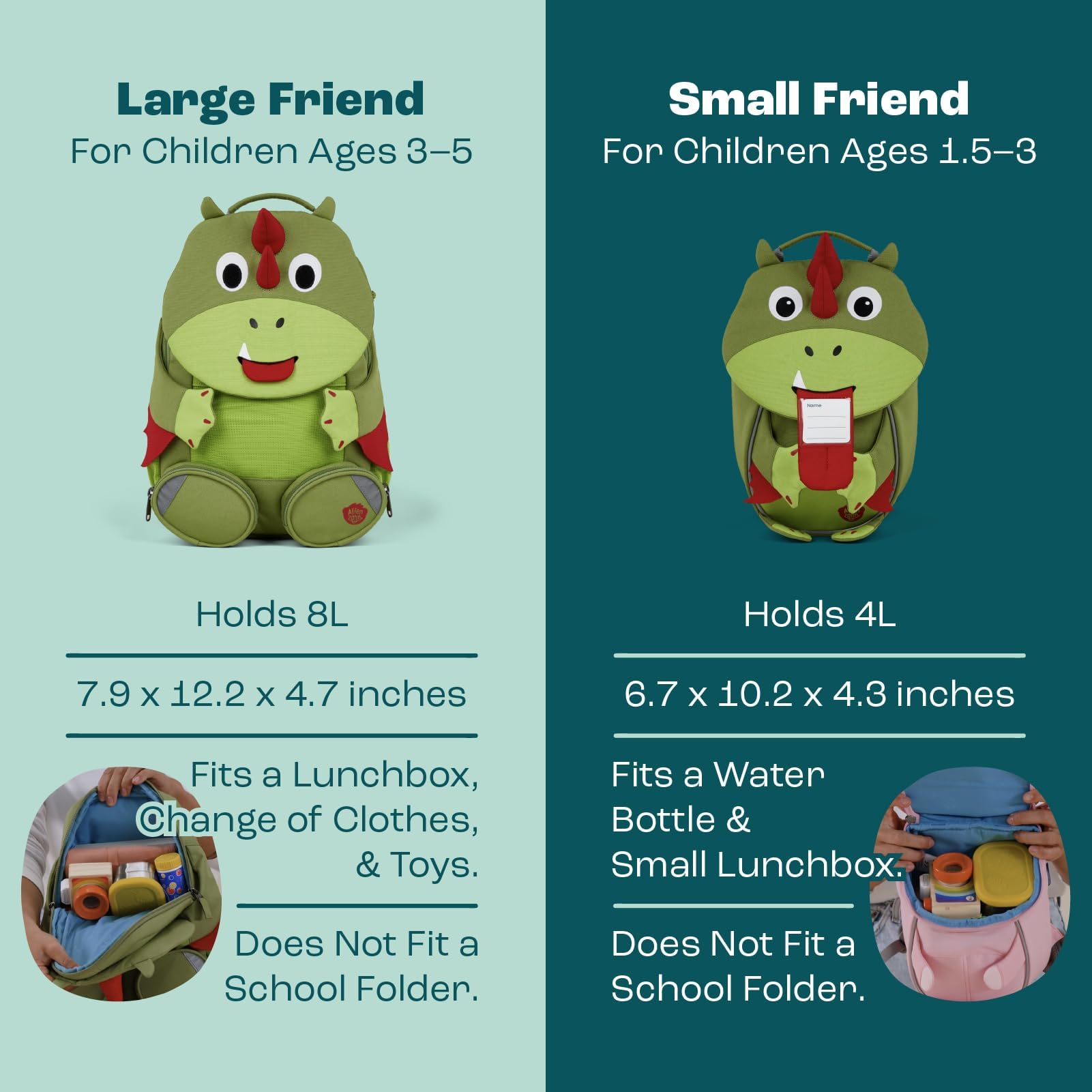 Affenzahn Amigo grande mochila infantil sostenible 3-5 años guardería 8L funcional y divertida Dragón - Verde
