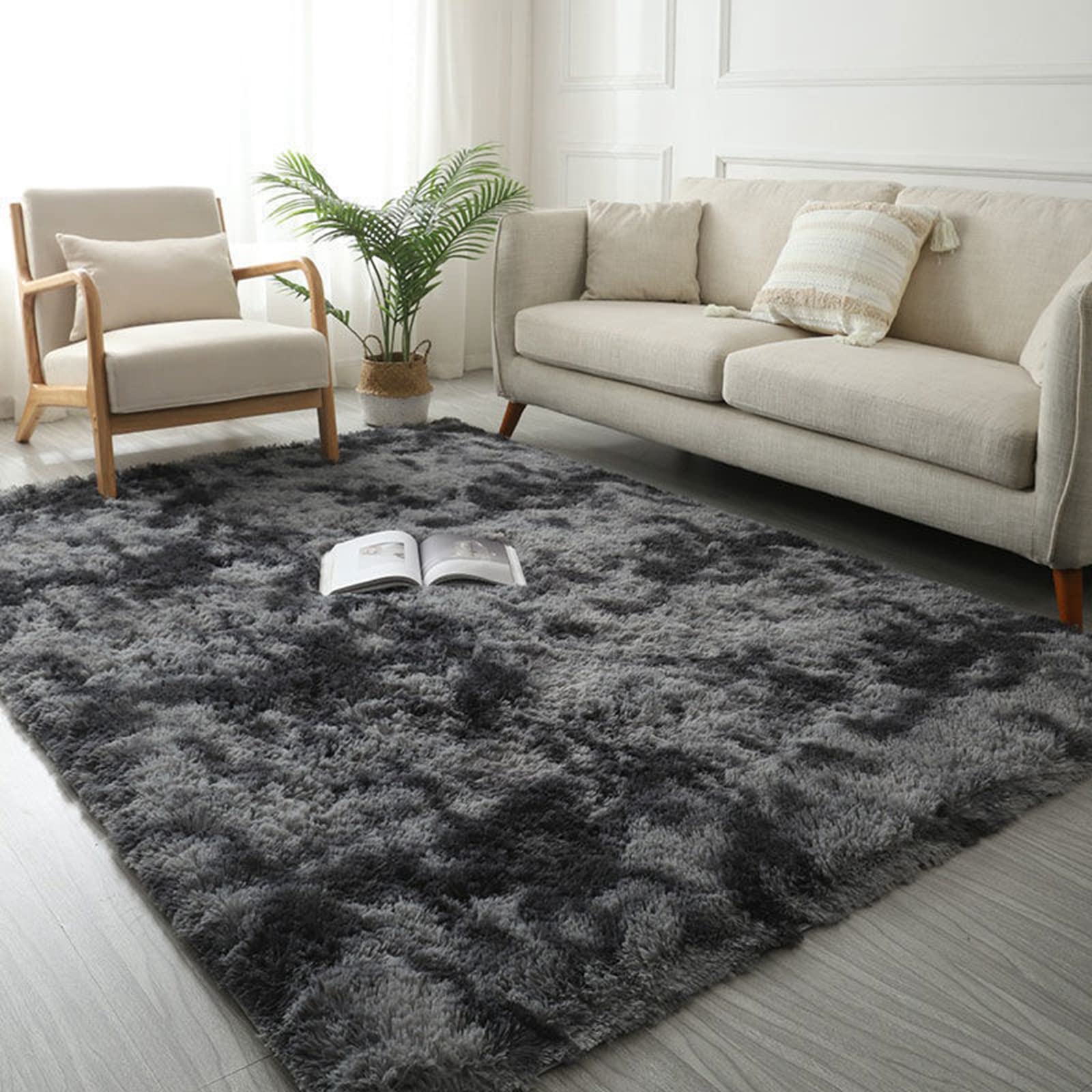 Rug Living Room Large, 160x230cm Gray Extra Fluffy Area Bedroom Rug Shaggy Fur Anti Slip Tie-Dye Rugs for Kids Room Carpet