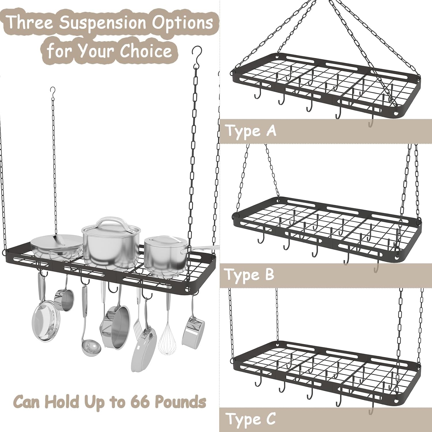 33” Pots and Pans Hanging Rack, Black Hanging Pot Rack Ceiling Mount with 15 Hooks, Heavy-duty Metal Square Kitchen Ceiling Pot Rack, Pot and Pan Hanger for Kitchen Cookware Utensils