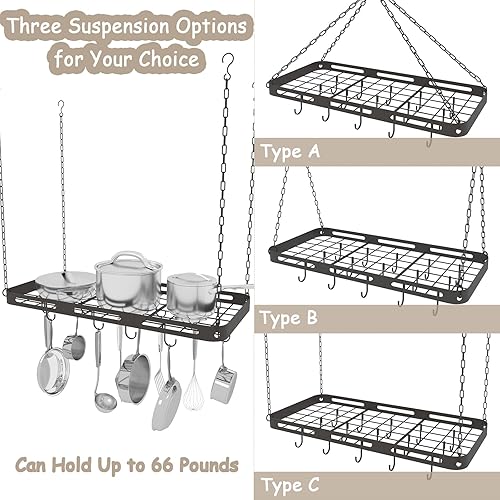 Miniatura 5 de Estante colgante para ollas y sartenes de 33 pulgadas, soporte de techo negro con 15 ganchos, estante cuadrado de metal resistente para ollas y
