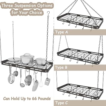 33 Pots and Pans Hanging Rack, Black Metal Hanging Pot Rack Ceiling Mount | Heavy-duty Metal Square Kitchen Ceiling Pot Rack with 15 Hooks, Pot and Pan Hanger for Kitchen Cookware Utensils