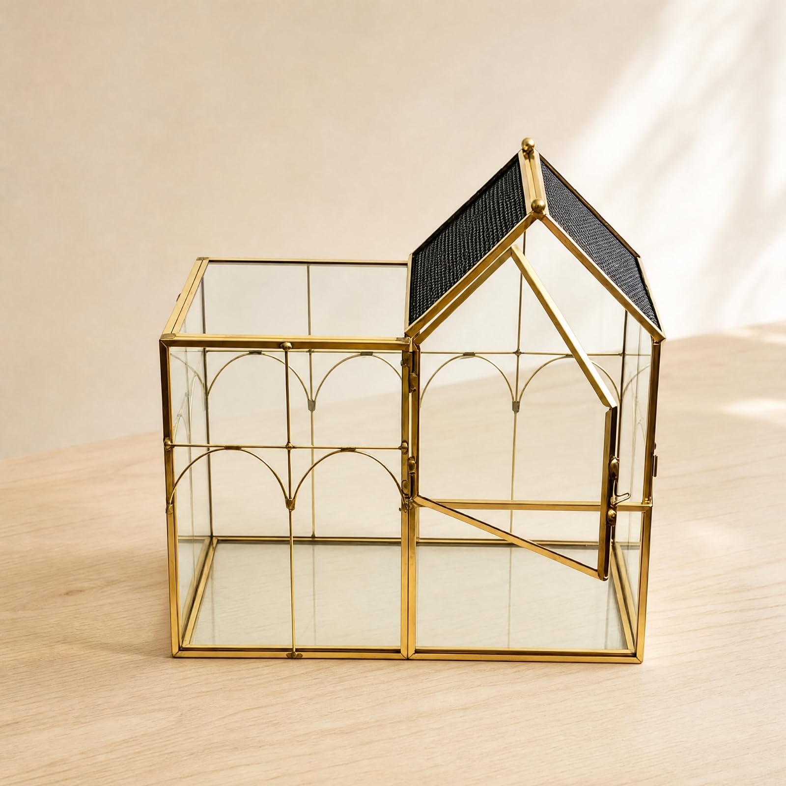 Gralara Terrario Terrario con Struttura in Metallo Ventilato Modello con Apribile per Arredamento Indoor, Oro