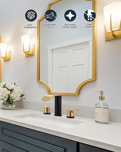 Miniatura 9 de WOWOW Grifo de baño tipo cascada, 3 agujeros de 8 pulgadas, grifo de lavabo de baño de dos asas, con mangueras de drenaje emergente y suministro,