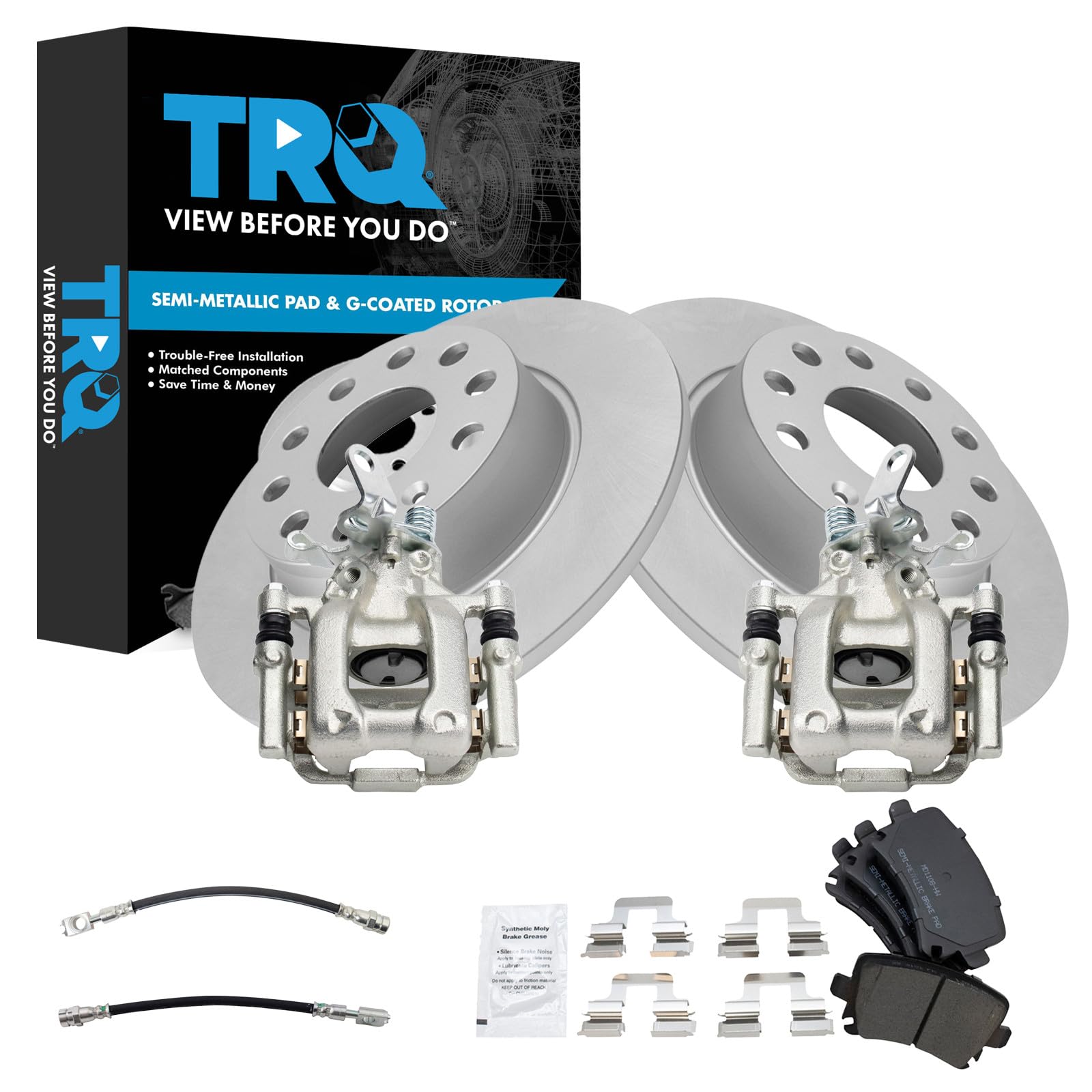 TRQ Rear Brake Pad and Rotor Set Semi Metallic Coated Rotors Calipers Compatible with 2010 Audi A3 A3 Quattro Volkswagen Jetta
