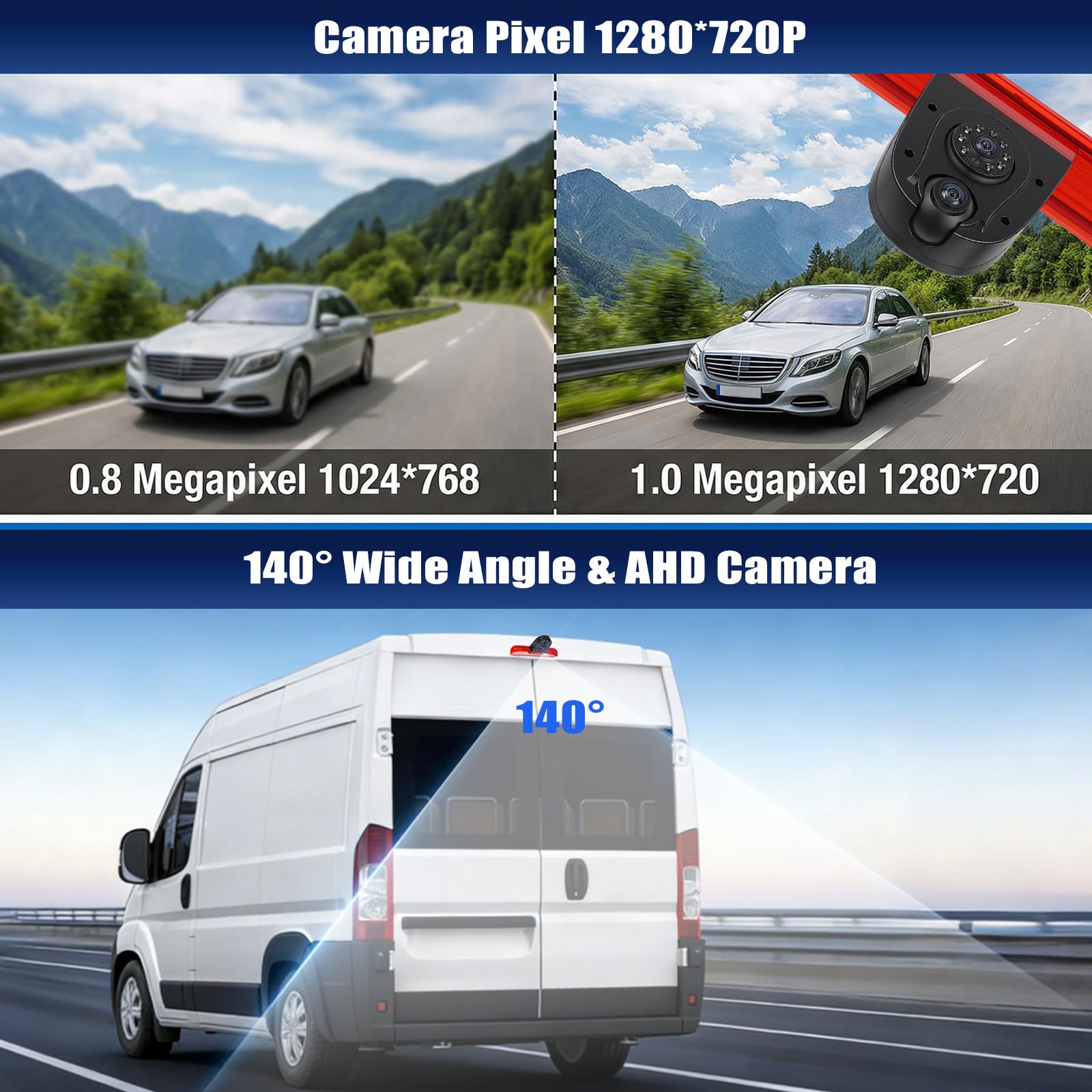 CAMECHO Cámara Trasera HD para Fiat Ducato 2006-2018, Peugeot Boxer 2006-2018 con Visión Nocturna IP67 Cámara Impermeable, Tercera Luz Freno con Gran Angular de 140 °, cámara giratoria 30 °+15 °, 12V