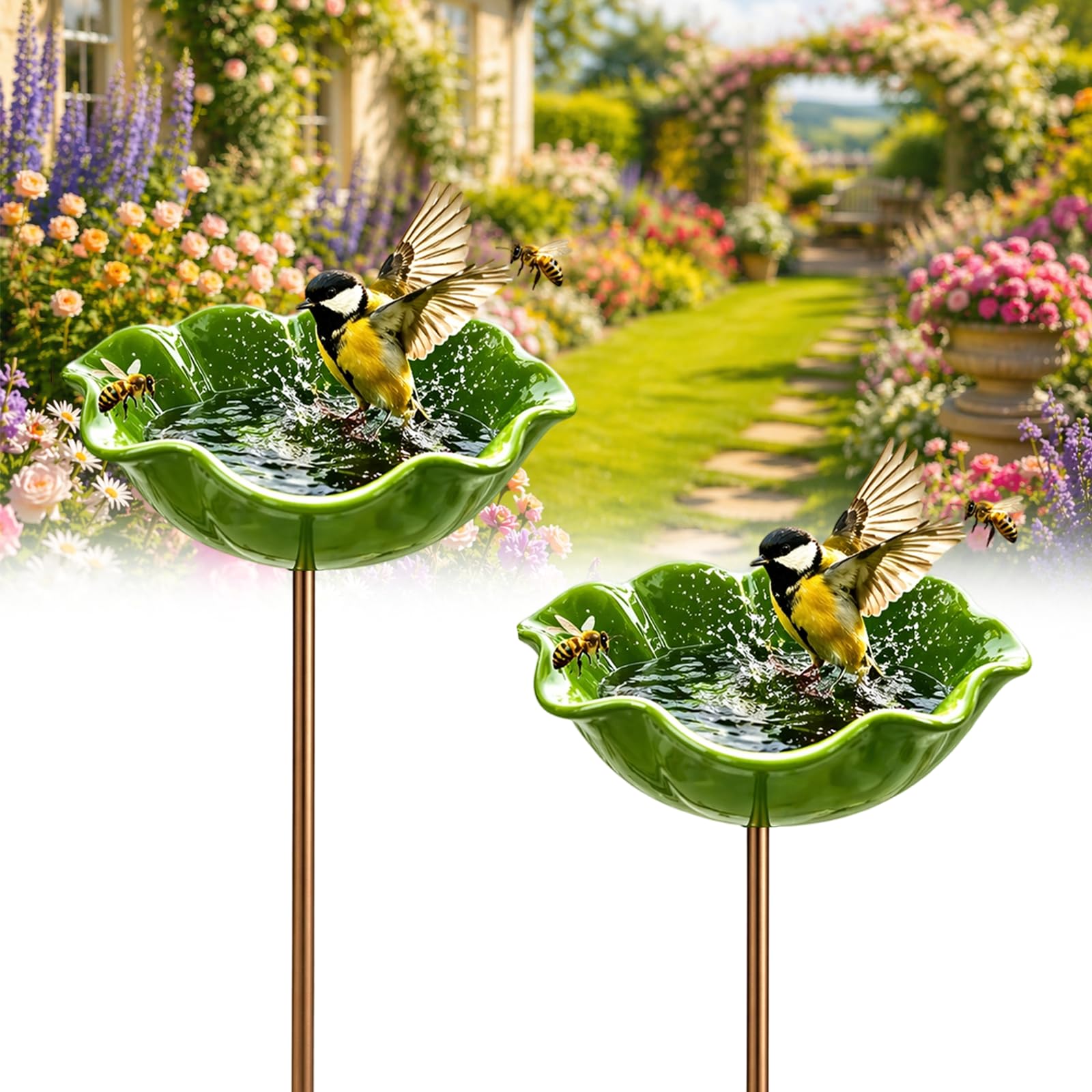 Handmade Metal Flower Garden Stake Bird Bath Bowl - Weather-Resistant Bee Watering Station & Flower Bird Feeder, Decorative Outdoor Metal Flowers for Yard Lawn Patio Decor (2 * Green)
