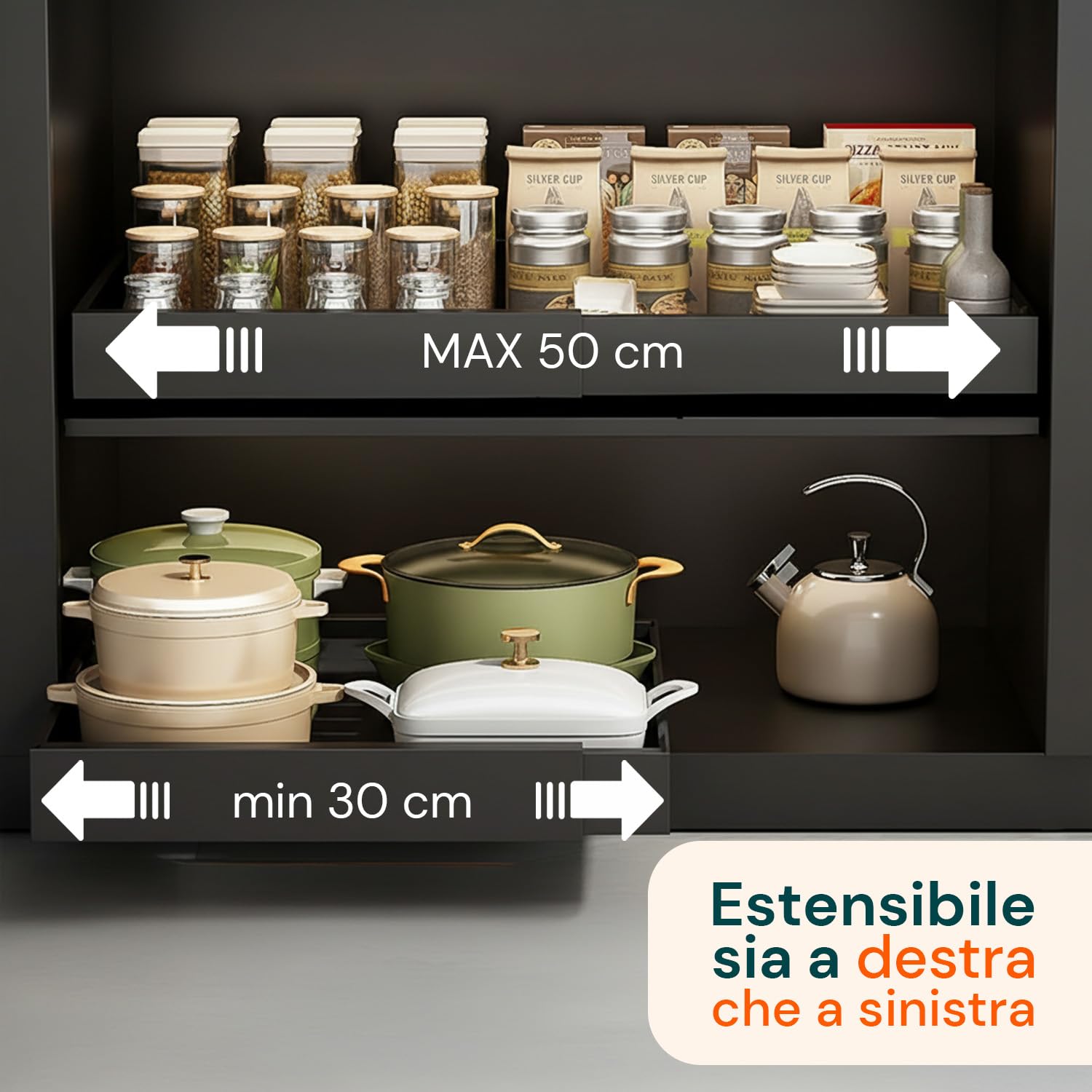 Avilia - Cassetto Universale Estraibile e Espandibile in Acciaio con Binario – Organizer per Mobili, Cucine e Dispense – Montaggio Adesivo - Ripiano Salvaspazio (Nero, 30-50x43,5x7 cm)