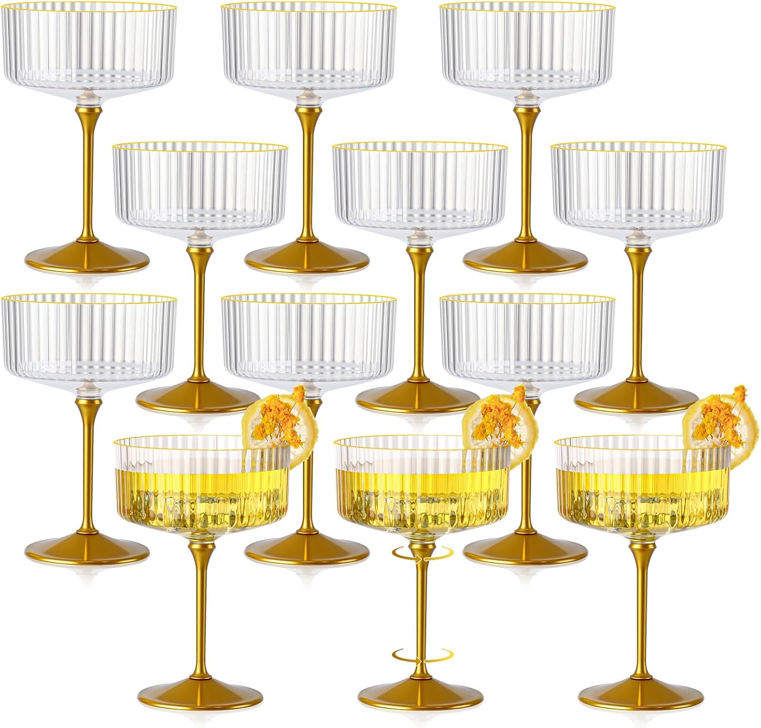 12 PCS Ribbed Coupe Glasses with Gold Stem Clear Plastic Champagne Coupe Cup 10oz Detachable Gold Rim Espresso Martini Glass Vintage Margarita Glassware Cocktail Glass for Christmas
