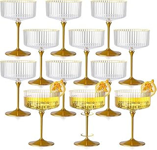12 PCS Ribbed Coupe Glasses with Gold Stem Clear Plastic Champagne Coupe...