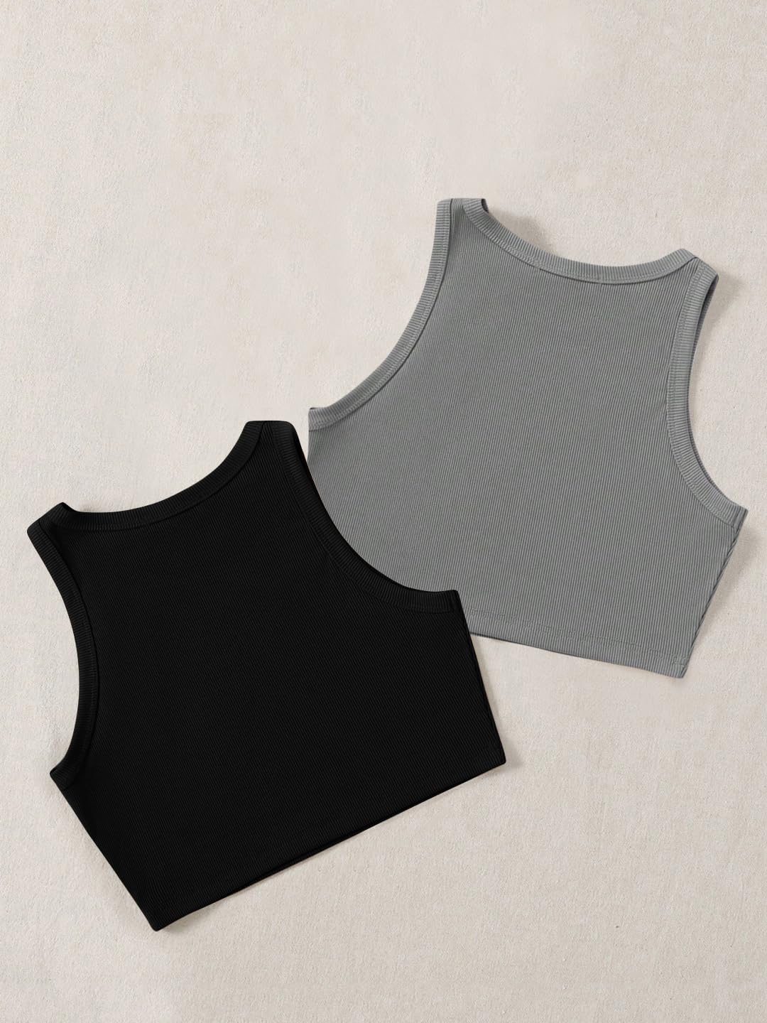 Pack de 2 camisetas sin mangas acanaladas elegantes con cuello redondo para mujer y top corto occidental