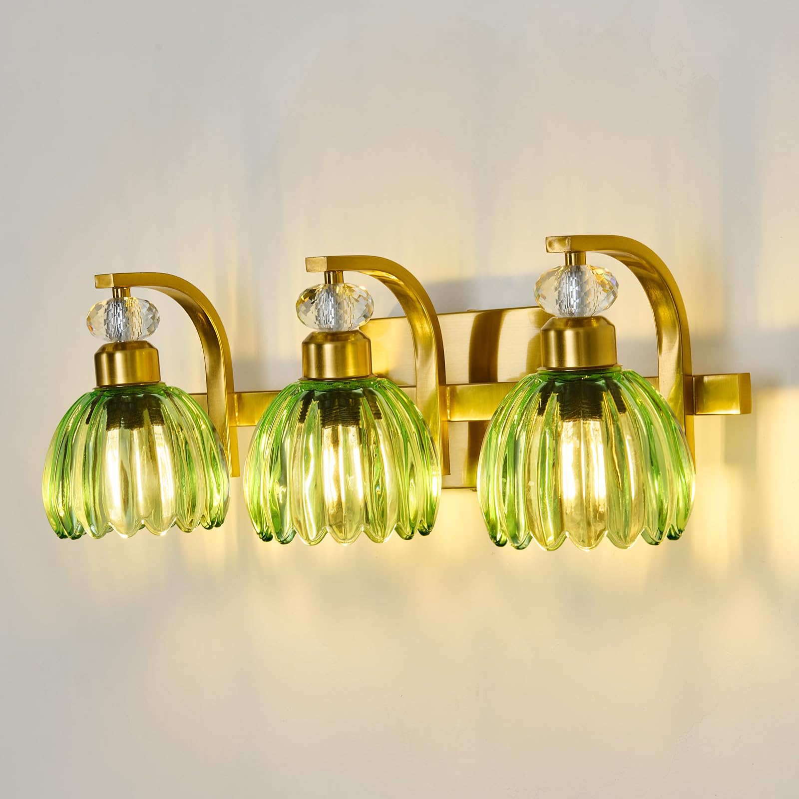 Vintage Bathroom Vanity Light Fixture 3 Lights Gold Bathroom Lighting with Green Glass Shade Mid Century Vanity Light Over Mirror for Kitchen Bedroom Living Room Farmhouse