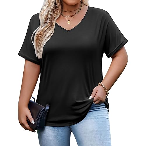 IN'VOLAND Women's Plus Size Tops Short Sleeve Tee Shirt V Neck Loose Fit Striped Shirt Summer Casual Blouses