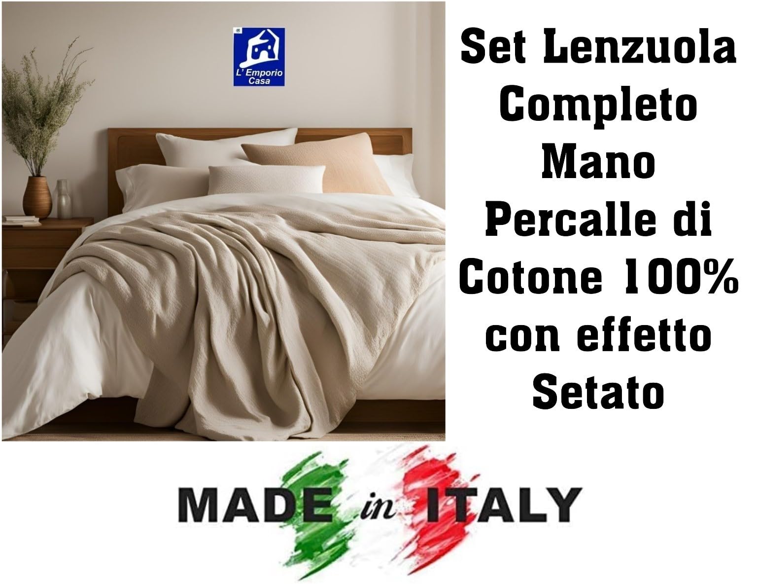 Set Lenzuola Completo Matrimoniale Sophie, Effetto Percalle, Cotone 100% Italiano, Mano Setato (Easy Grigio)