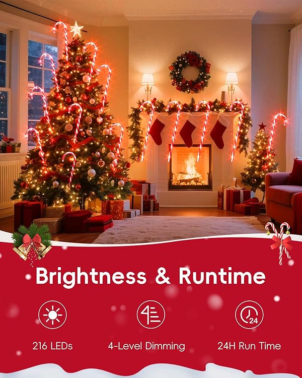 COOLWUFAN 24 Pack 22" Solar Candy Cane Lights Outdoor, 216 Bright LEDs Christmas Pathway Decorations with 4 Brightness Levels, Solar Powered & Waterproof, for Yard Walkway Holiday by COOLWUFAN - Image 4