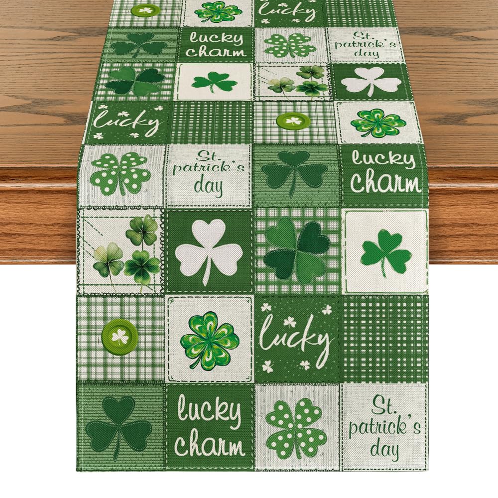 Buffalo Plaid Shamrocks 210 GSM St. Patrick's Day Table Runner, Spring Lucky Kitchen Dining Table Decoration for Home Party Decor 13x72 Inch