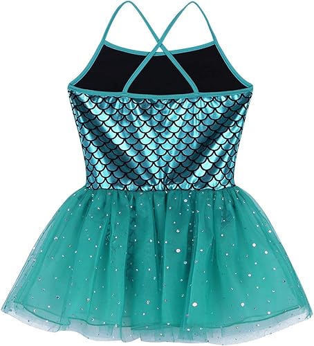 Miniatura 4 de Disfraz de sirena brillante para niñas, escamas de pez, espalda cruzada, leotardo tutú, ropa de baile, vestido de princesa