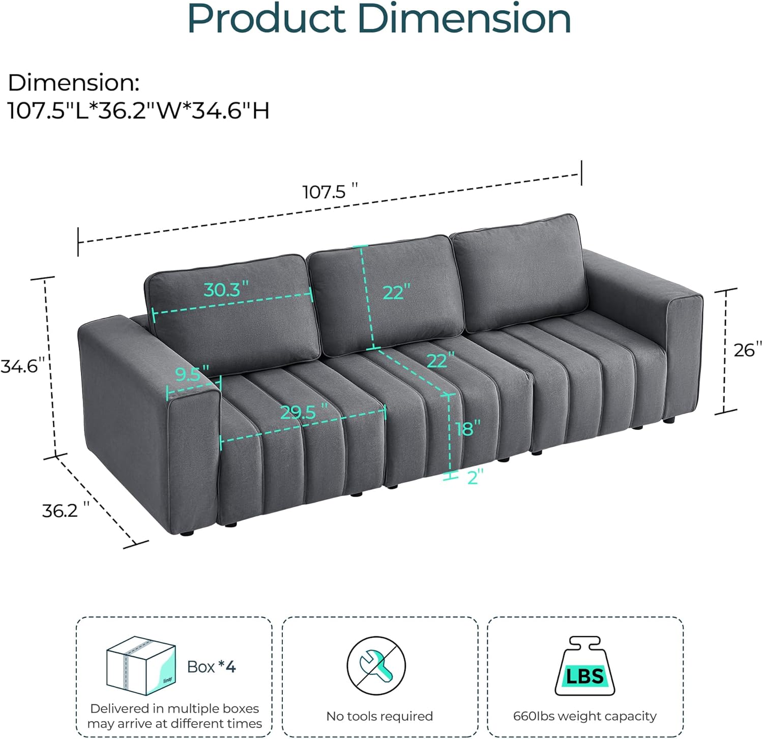 LINSY HOME 107" Modern Sofa Couches for Living Room, Modular Sectional Loveseat Sofa with Anti Cat Stretch Fabric and Metal Frame, Comfy 3 Seater Loveseat Oversized, Easy Assembly, Grey