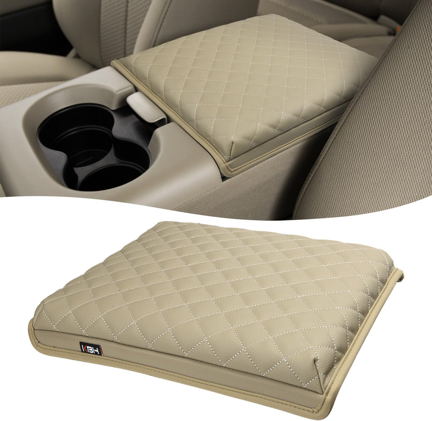 KBH Center Console Armrest Cushion Cover for Ford F150 2004 2005 2006 2007 2008 2009 2010, 40/20/40 Jump Seat, Vinyl Leather Trim, Anti-Scratch, Beige