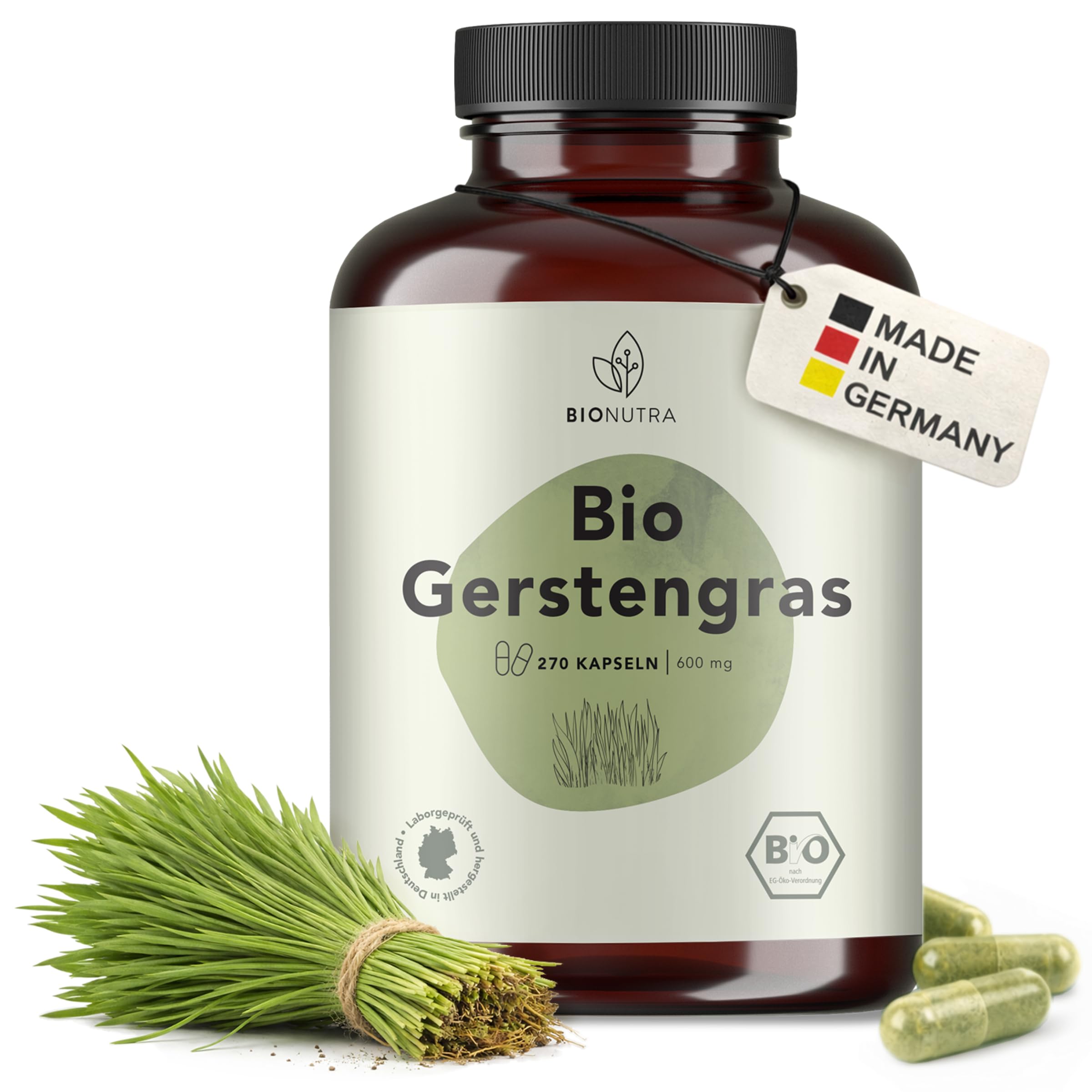 BIONUTRA® Gélules d’herbe d’orge bio hautement dosées – 4800 mg/jour, 270 gélules, véganes, sans additifs, poudre pure, fabriqué en Allemagne