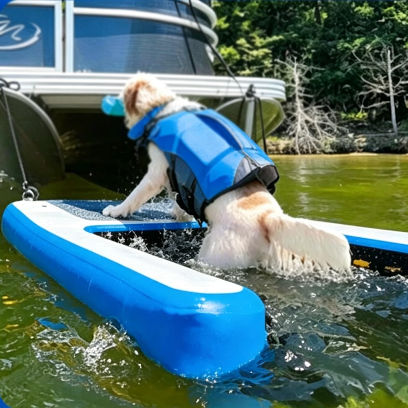 Oracra Outdoor Inflatable Pool Floats Dog for Yacht, Open Water Dog Swimming Pool Floating Boat, Pet Ramp Dock Ladder for Lake Beach, Portable Dog Platform