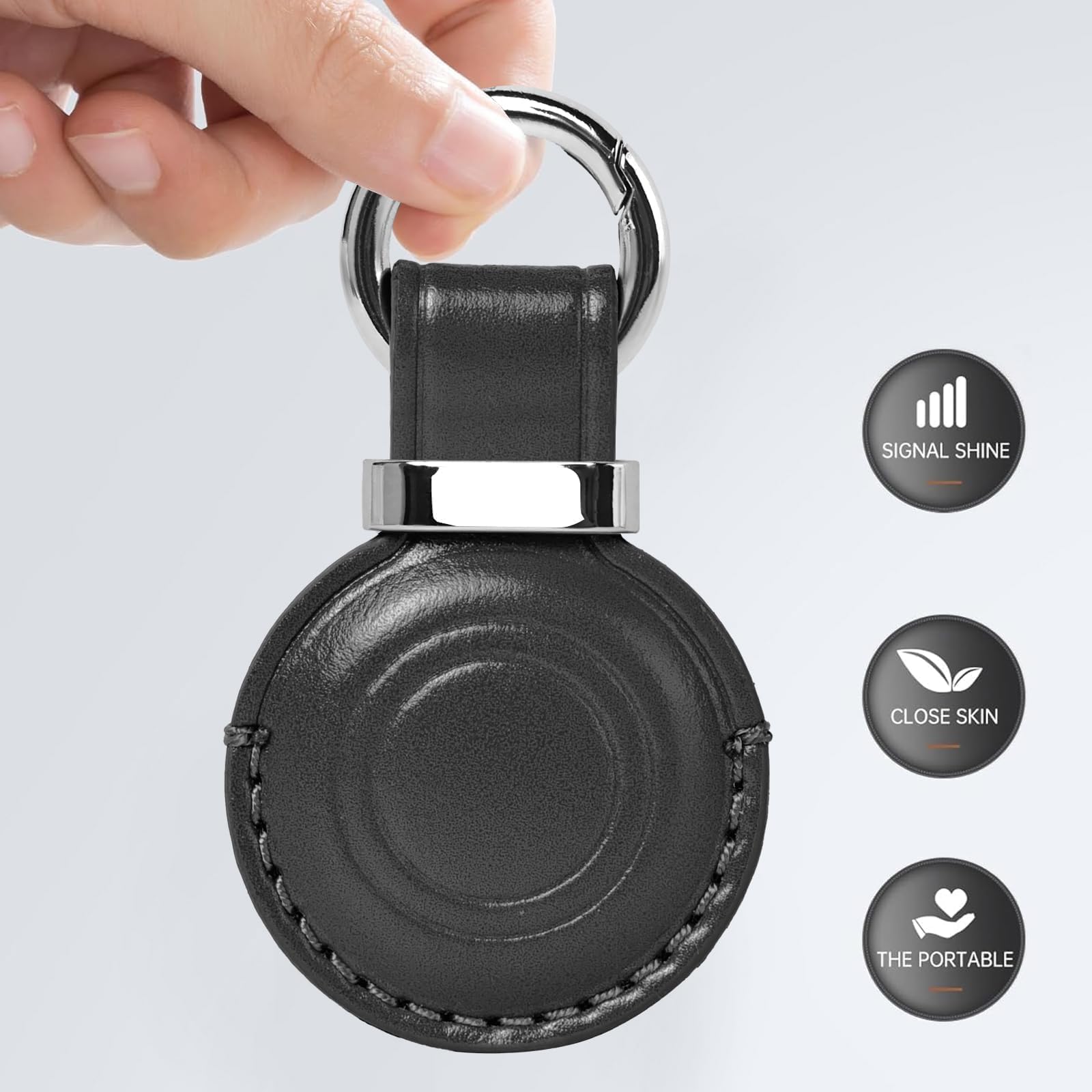 MOLOVA 1 Pack Genuine Leather Handcrafted for Airtag Holder Keychain, Compact Design with Airtag Keychain, Secure for Airtags Holder with Stainless Steel Ring Lock, Black